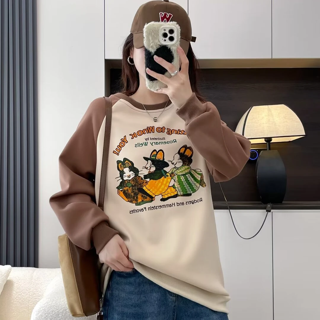 CONG8903拼色大码女装卫衣长袖时尚宽松加绒印花圆领卡通秋冬百搭