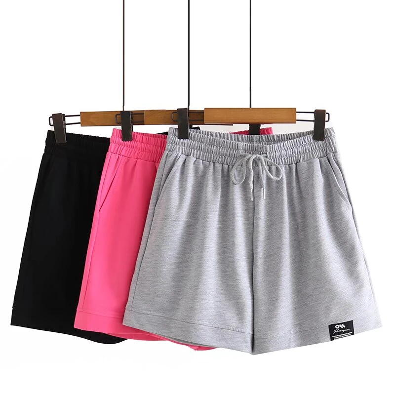 QIAN856纯色系带贴标大码女装休闲短裤运动高腰休闲夏季外穿宽松