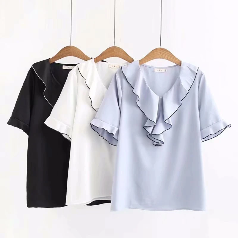 【清仓】荷叶边领短袖雪纺衫大码女装淑女气质薄款衬衫显瘦LYX809