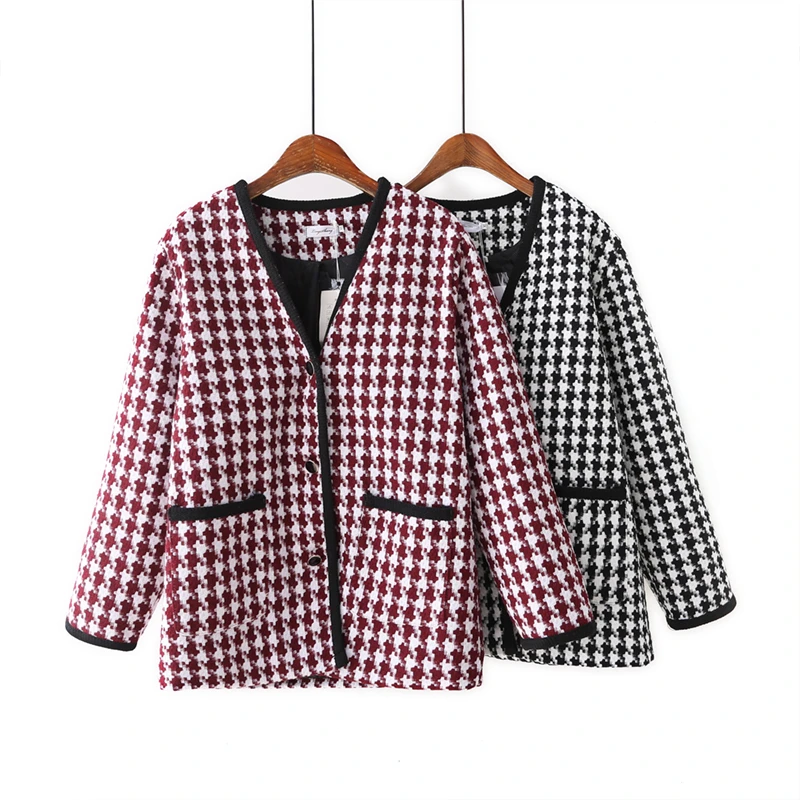 LIS6078包边V领单排扣千鸟格外套大码女装秋季长袖小香风开衫显瘦