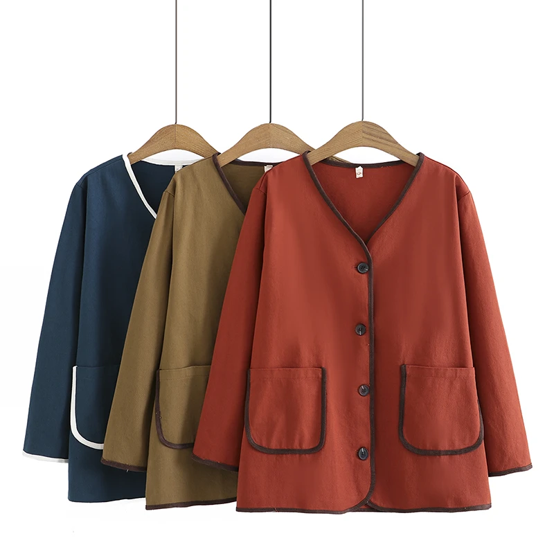 【清仓】中老年女装镶边V领贴袋开衫大码宽松休闲薄外套显瘦MZ115