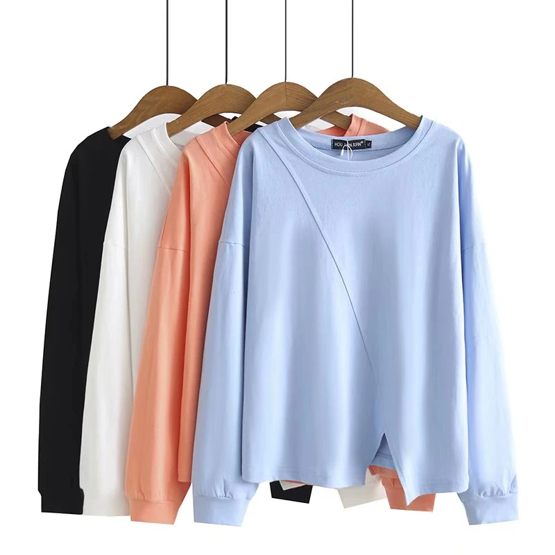 【清仓】纯色前开叉长袖T恤大码女装宽松圆领套头上衣显瘦XH2803
