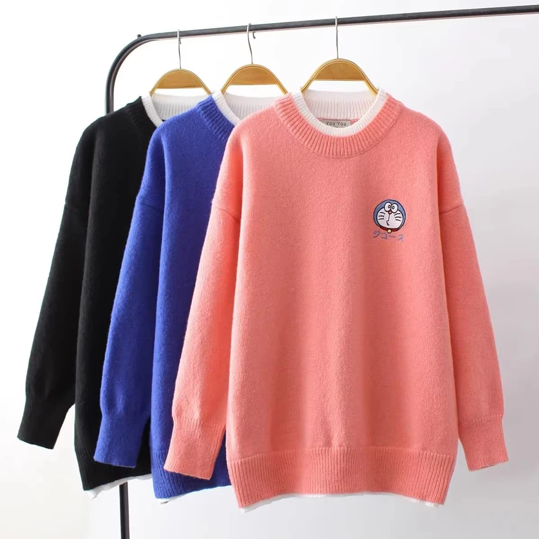 YY2014机器猫刺绣套头针织衫大码毛衫时尚百搭打底宽松加厚韩版