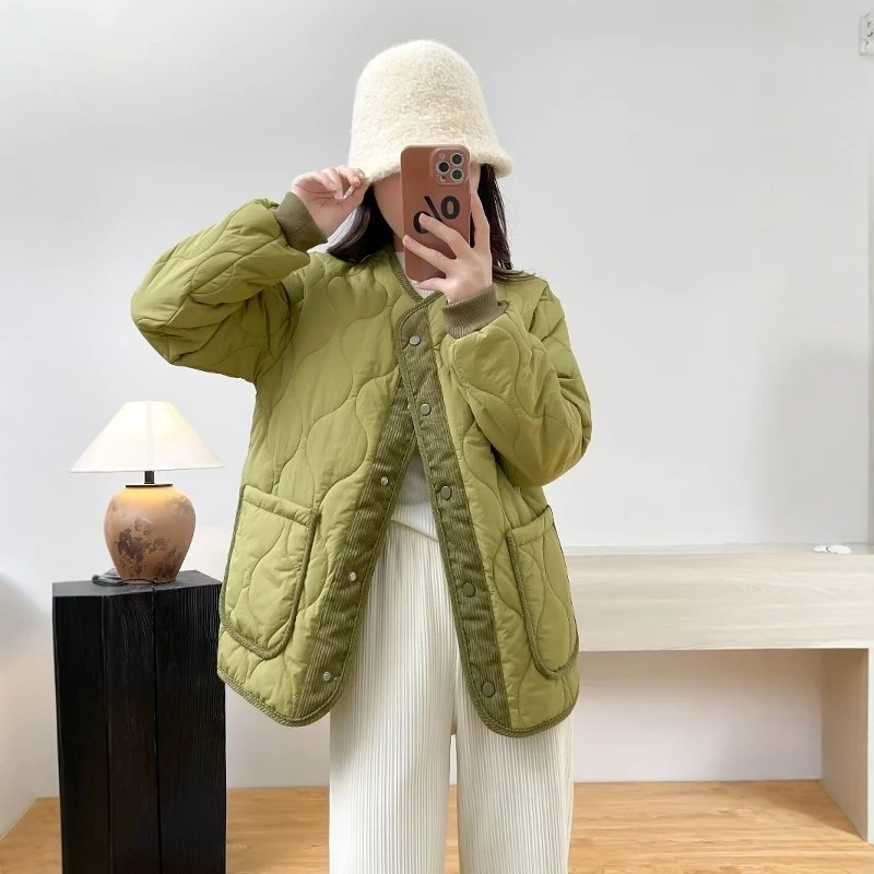 CONG8936撞色拼接圆领单排扣棉衣大码女装双口袋保暖棉衣宽松显瘦