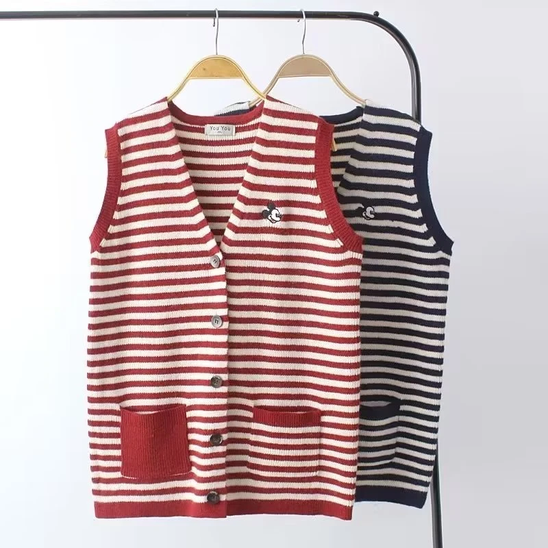 YY1072时尚百搭V领贴袋条纹马夹大码女装春秋单排扣休闲针织马甲