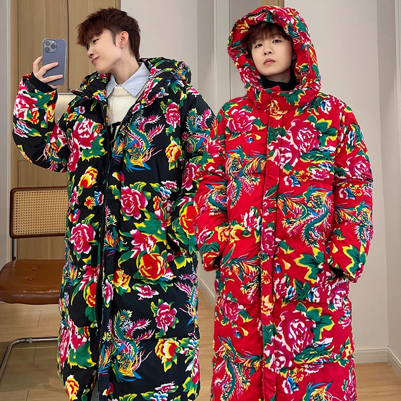 东北大花袄长款棉服男冬季情侣连帽棉衣裤国潮复古外套牡丹花棉服