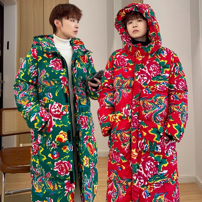 情侣装冬季国潮东北大花棉袄ins网红潮牌加厚花棉衣连帽长款棉服