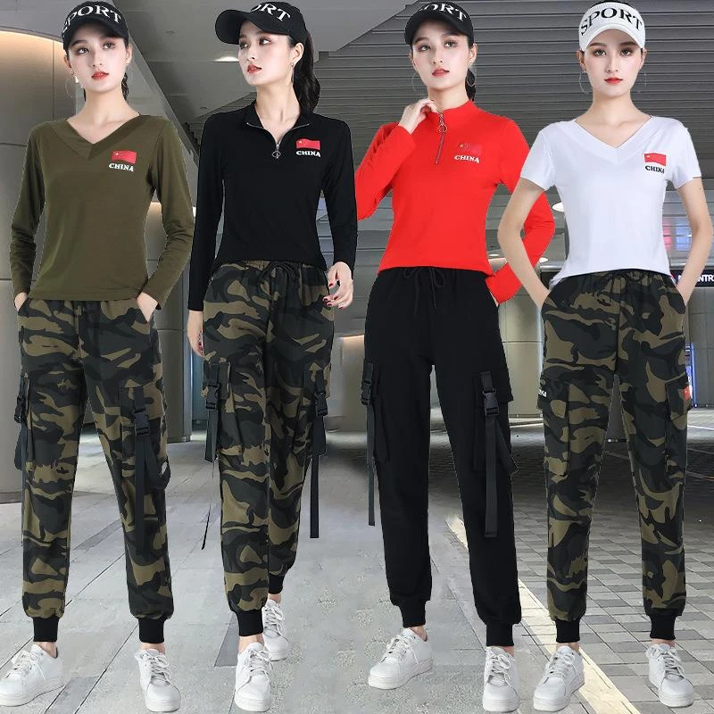 秋季鬼步舞服装新款迷彩服运动套装女短袖广场舞t恤水兵舞演出服