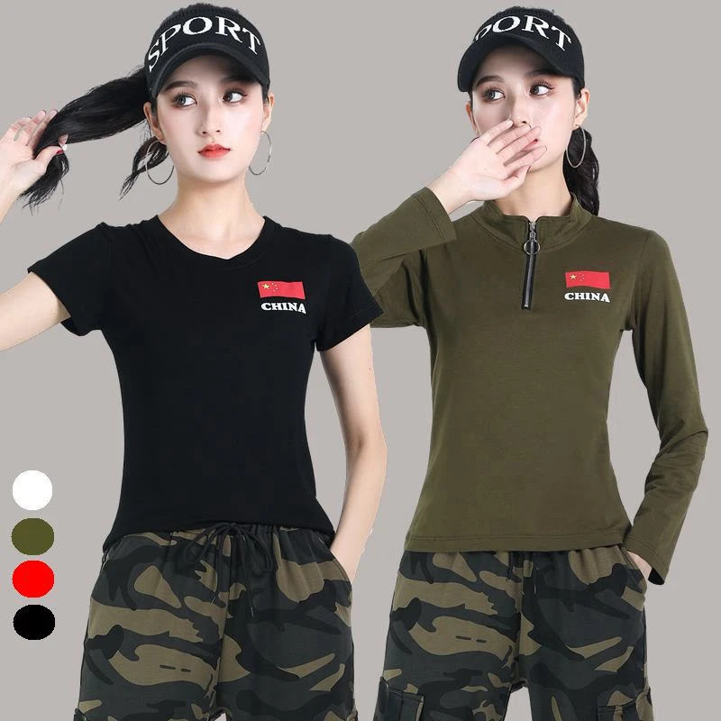 春夏广场舞新款上衣女长袖国旗水兵舞舞蹈服装运动健身跳舞衣T恤