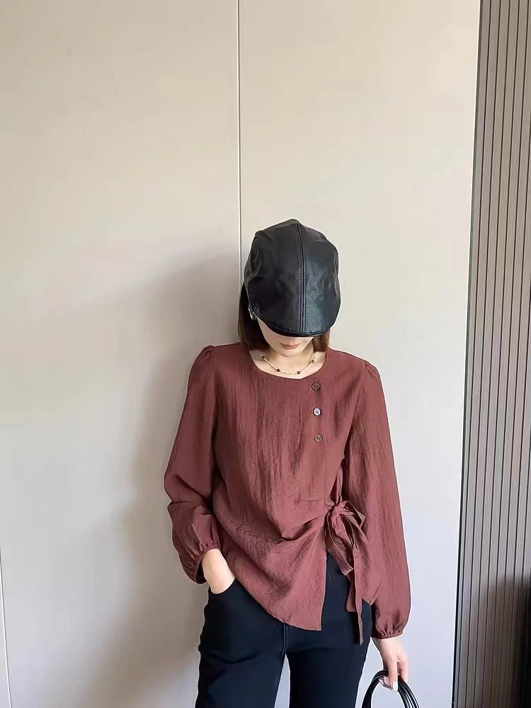 欧货设计感绑带小衫女早秋新款泡泡袖圆领减龄宽松衬衫设计感上衣