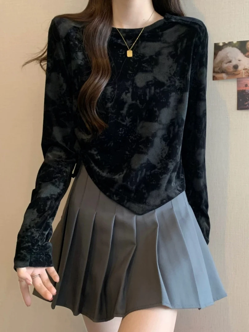 大码圆领不规则抽绳扎染上衣女秋季胖妹妹复古洋气时髦显瘦T恤潮