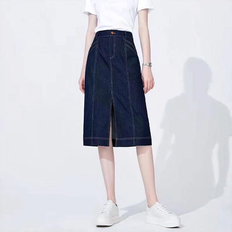 印之恋夏季牛仔A字女装半身裙时尚高腰百搭复古开叉显瘦半身裙