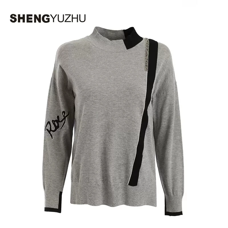 声雨竹秋冬新款休闲保暖舒适灰色半高领长袖针织衫