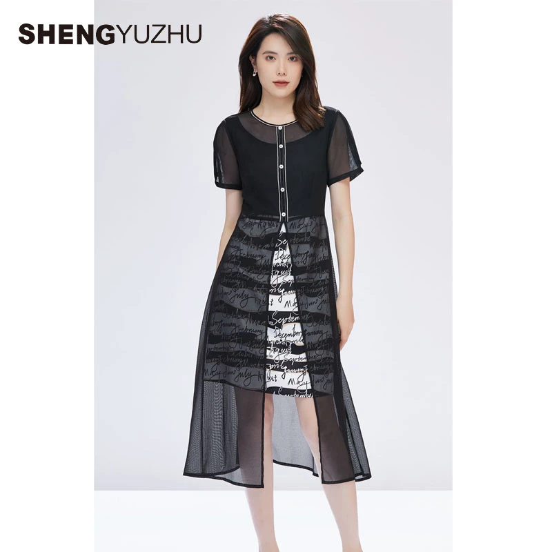 声雨竹夏季新款时尚网纱黑色气质修身显瘦短袖印花中长款连衣裙