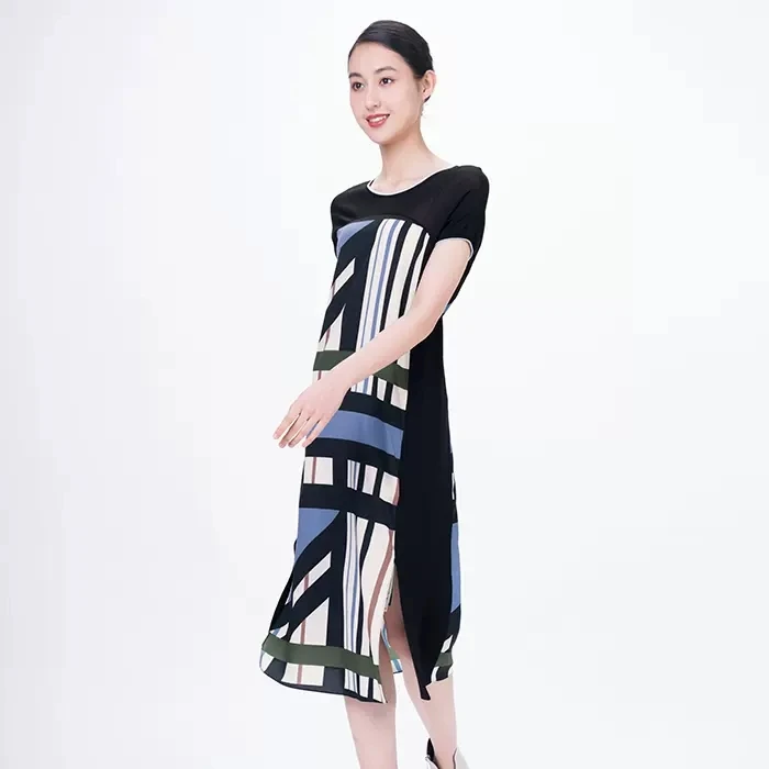 Shengyuzhu/声雨竹夏季撞色拼接短袖宽松腰套头中长款针织连衣裙