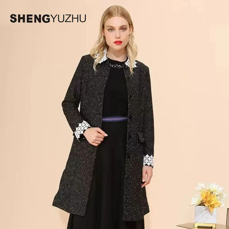 声雨竹秋冬时尚优雅修身显瘦中长款外套小香风粗花呢气质