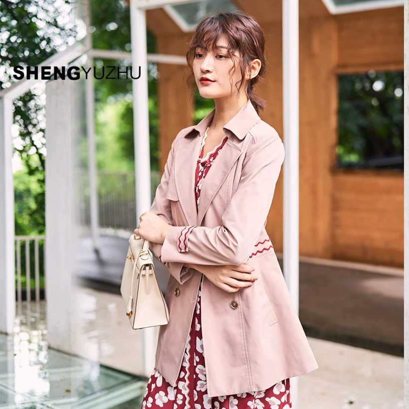 声雨竹春秋新款时尚休闲百搭修身显瘦西装领中长款风衣外套