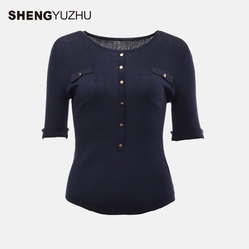 声雨竹2024年春夏新款时尚针织衫圆领短袖修身百搭纯色打底上衣