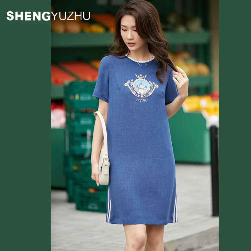声雨竹夏季新款时尚休闲H版连衣裙短袖圆领套头百搭中长款裙子