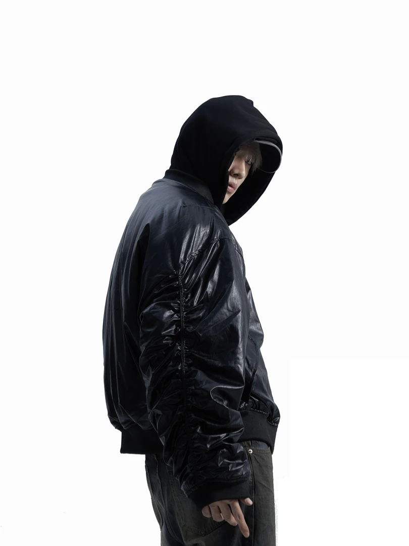 ASHDARK*皮衣bomber双层假两件连帽外套飞行员夹克皮质夹棉棉服