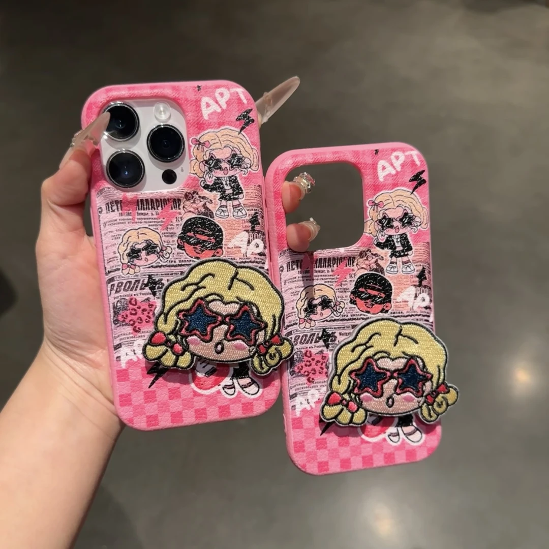 日韩刺绣女孩支架适用iPhone15苹果13/16promax手机壳14软11/12女