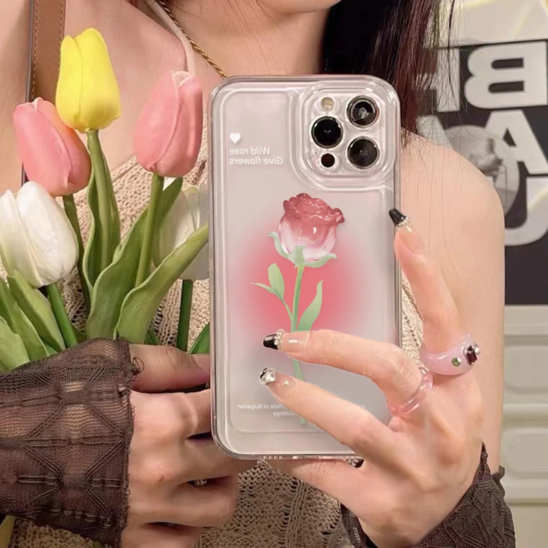 苹果/华为/oppo/vivo/小米渲染粉玫瑰ins简约手机壳小众高级透明