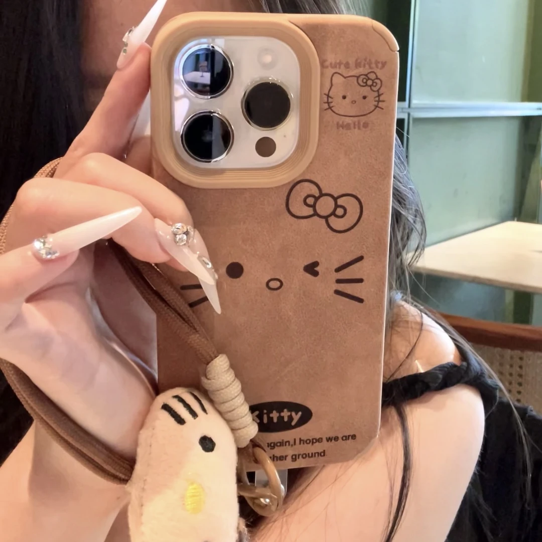 雅天立秋冬KT猫表情适用iPhone16苹果15promax手机壳13/14挂绳11