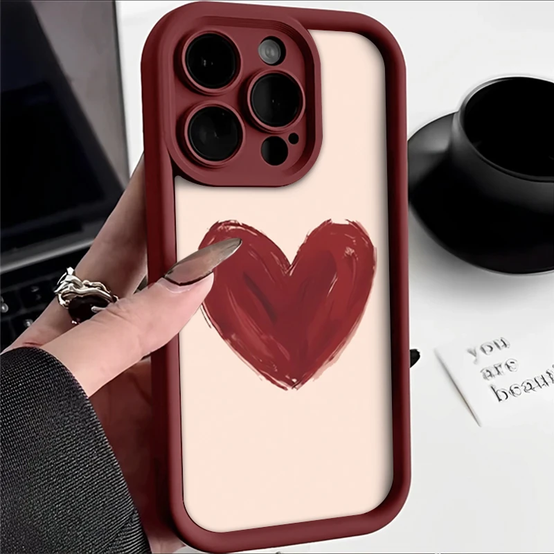 简约酒红色爱心iPhone14/13苹果15软11/12手机壳华为oppo小米vivo