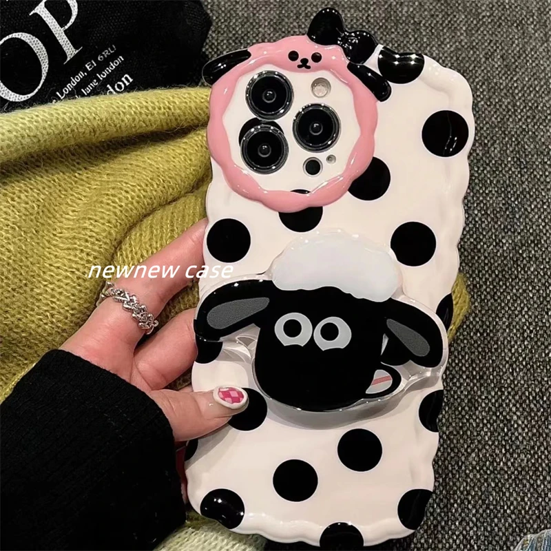 波点小羊肖恩苹果14/13手机壳iphone11/XSMAX支架xr 12全包8p软壳