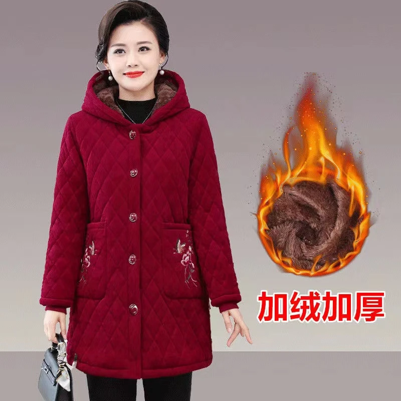 大码女装中老年妈妈装中长款加绒老年人加厚保暖秋冬冬季中年