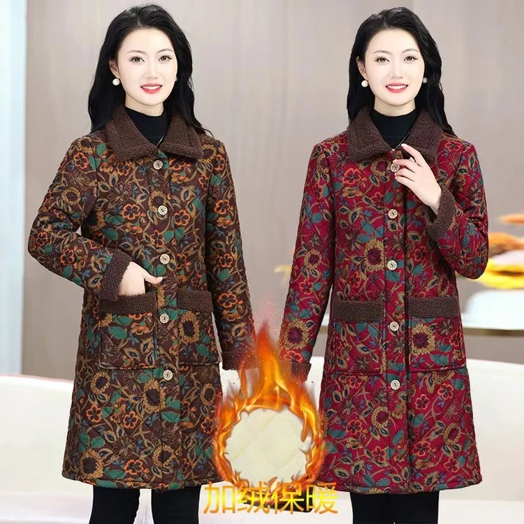 棉衣中长款女秋冬季2024新款妈妈时尚加绒加厚棉服中老年保暖棉袄