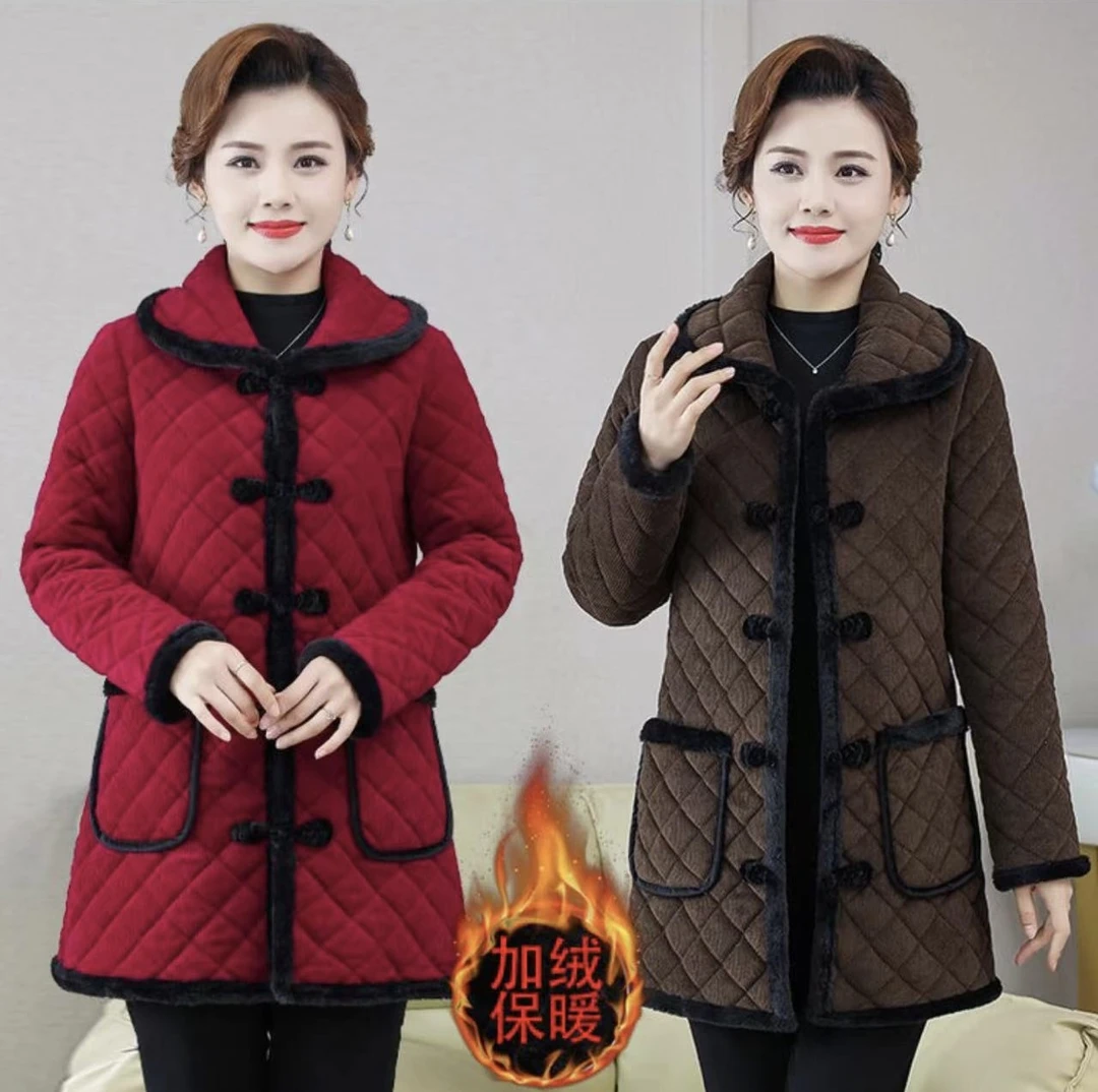 妈妈装新款灯芯绒加绒棉衣外套保暖棉袄大码女式女时尚中老年棉服