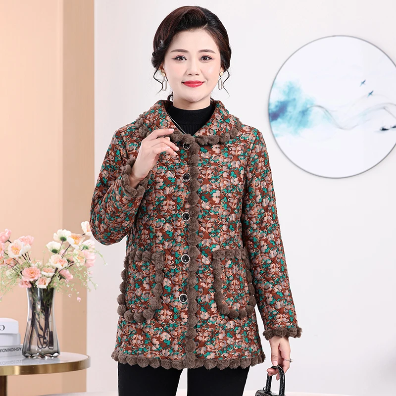 中老年女装妈妈装棉衣新款加绒加厚款碎花中长款