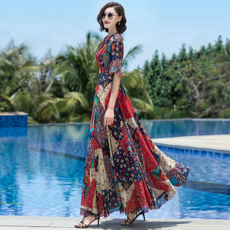 裙丽丝夏季新款V领印花过膝大摆长裙波西米亚度假沙滩长裙