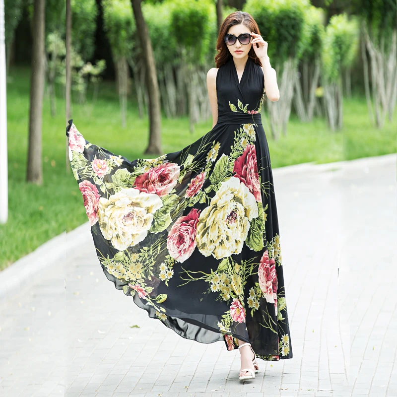 香衣丽华夏季新款雪纺印花超长款大摆连衣裙波西米亚沙滩裙仙