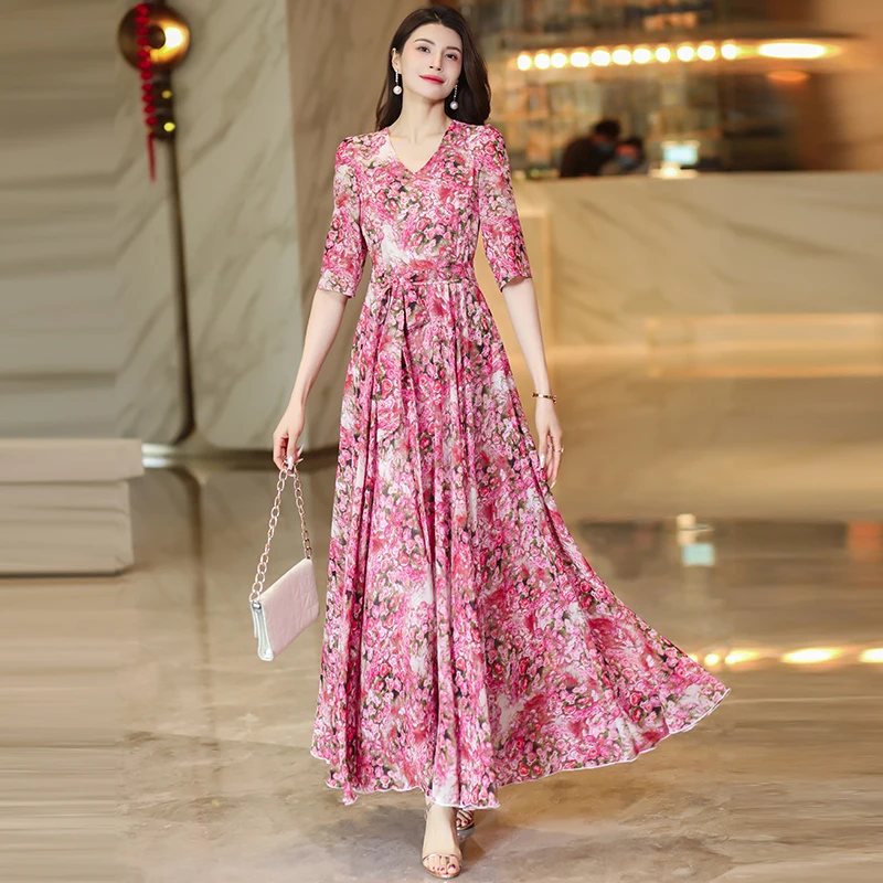 香衣丽华08-208五分袖长款大摆印花度假连衣裙修身显瘦气质长裙