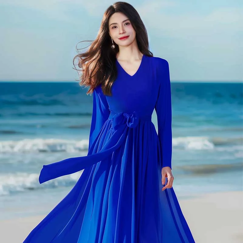 香衣丽华（07款宝石蓝色）长款灯篓袖V领遮阳袖长款过膝大摆连衣裙