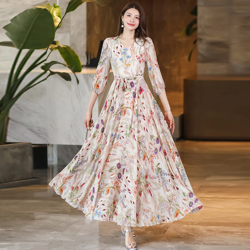 香衣丽华09-2497分袖V领花色大摆连衣裙修身显瘦气质简约连衣裙