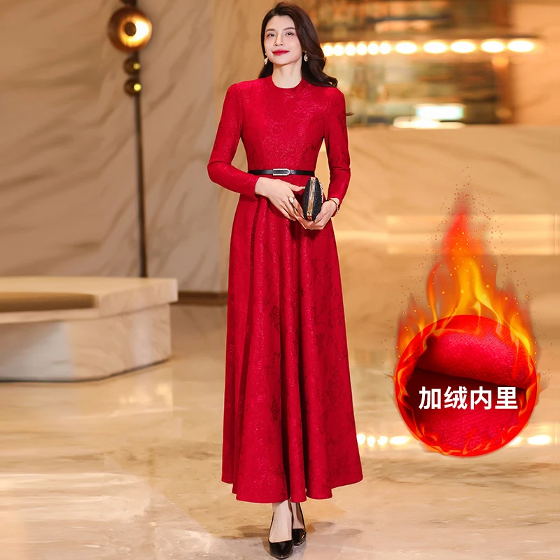 香衣丽华冬季加绒加厚长款过膝连衣裙修身显瘦气质简约长裙