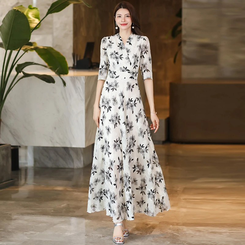 香衣丽华28-247夏秋五分袖长款印花大摆连衣裙修身显瘦气质长裙