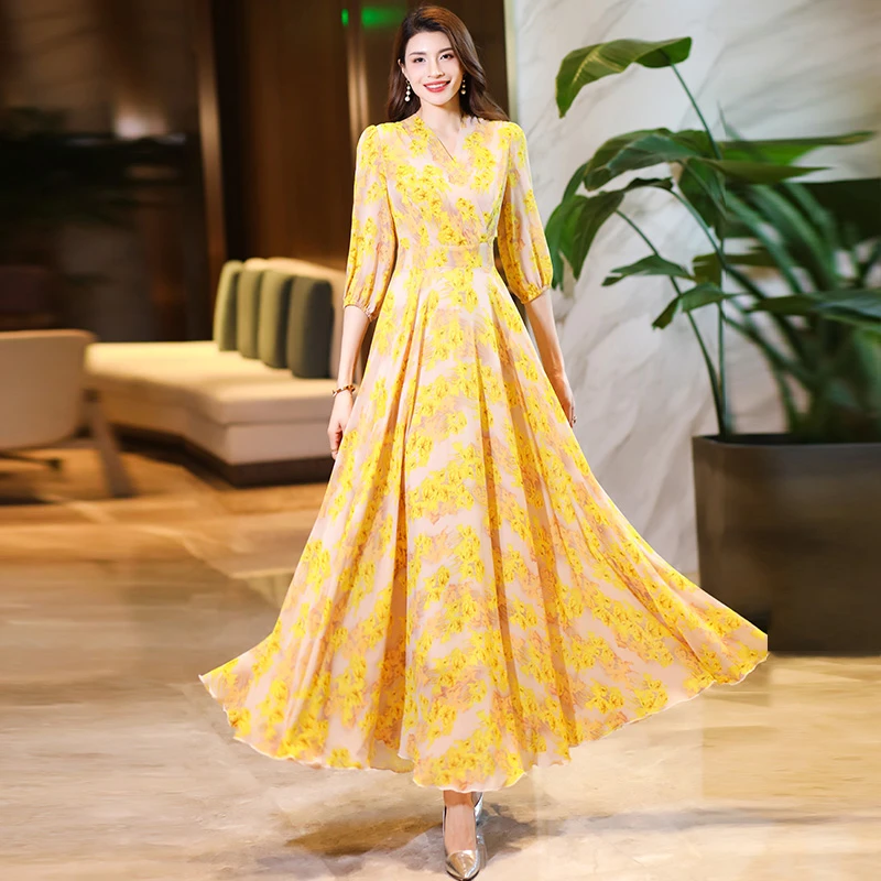 香衣丽华秋季新款高贵典雅大摆花色连衣裙修身显瘦气质长裙