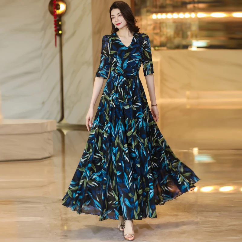 香衣丽华（08款222号花）五分袖花色大摆过膝连衣裙修身显瘦长裙