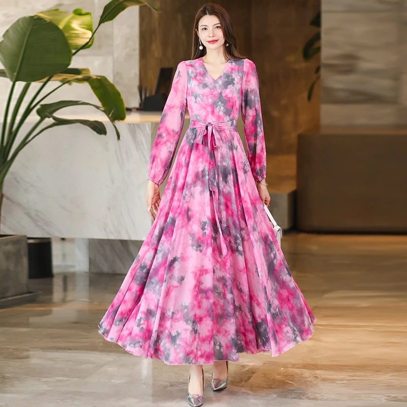 香衣丽华07-268长袖V领数码印花大摆过膝连衣裙修身显瘦气质简约