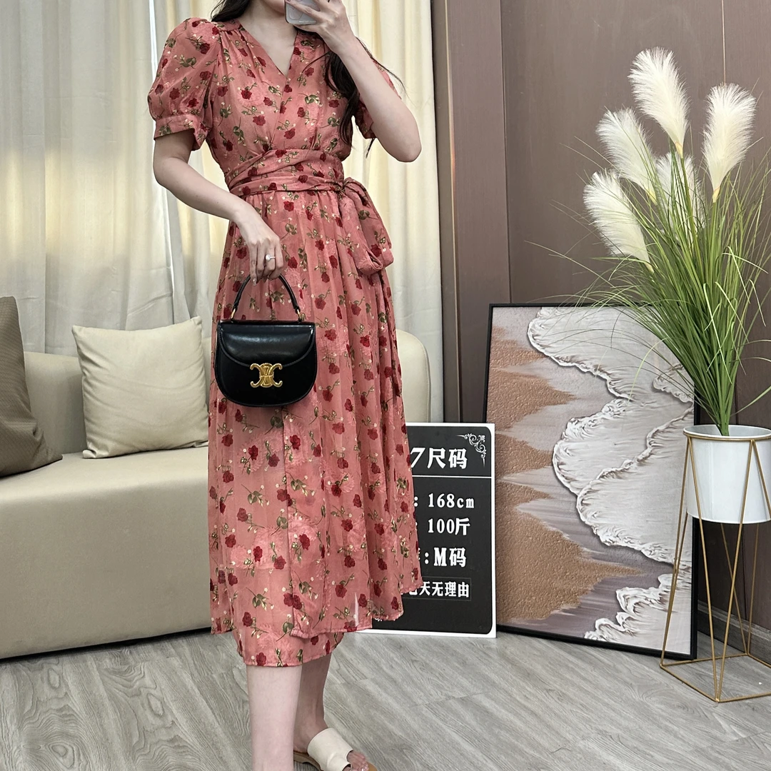 【清仓】红色玫瑰气质时尚显瘦连衣裙碎花法式百搭裙子225502