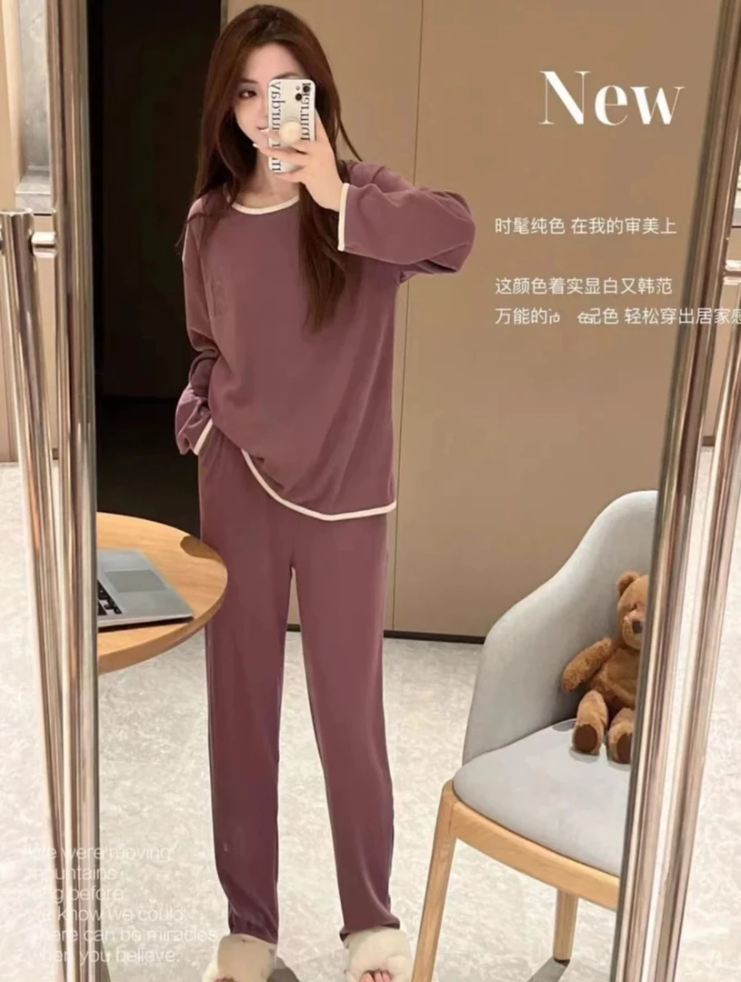 品牌秋冬季新款女生澳绒紫色刺绣小熊长袖长裤家居服