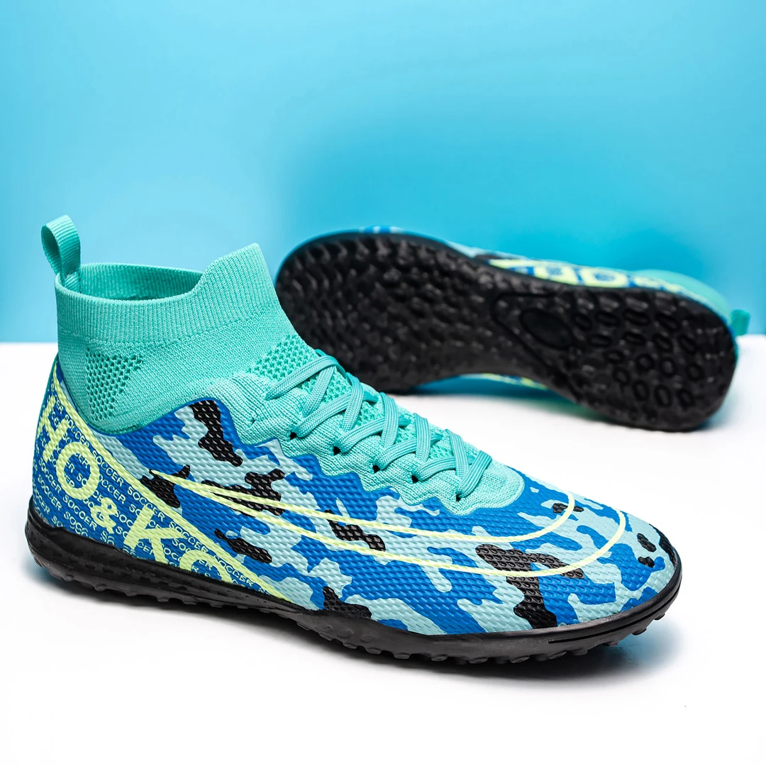 新款C罗高帮迷彩足球鞋tf碎钉中小学生青少年草地专业足球训练鞋