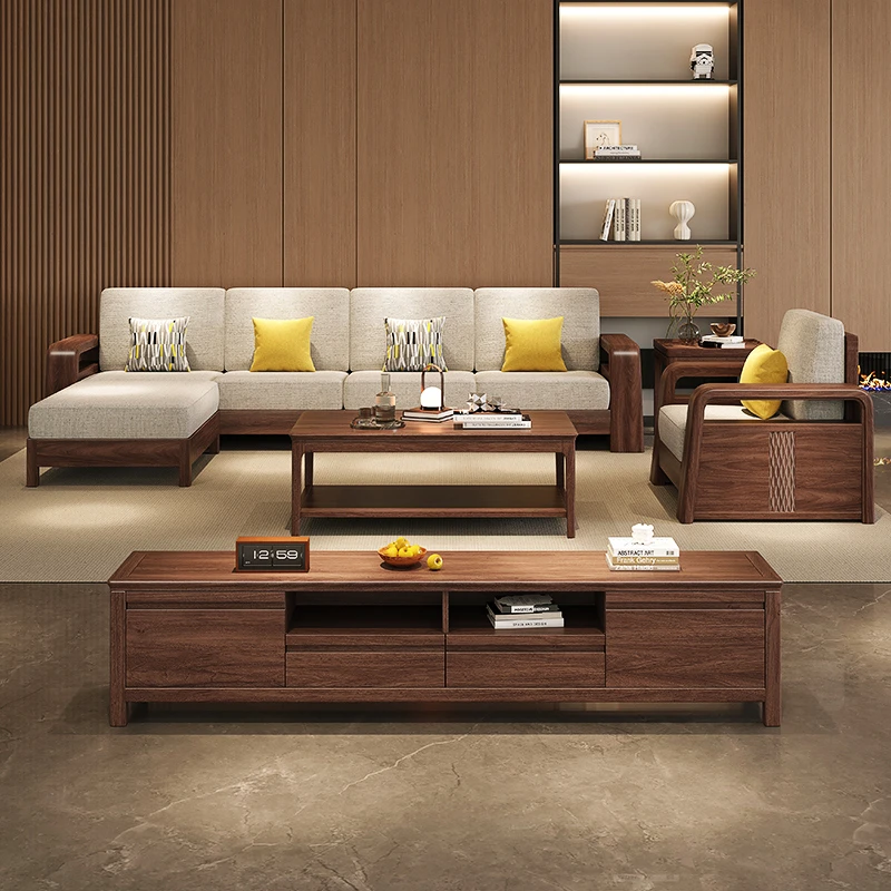 北美黑胡桃全实木沙发现代简约客厅四人位直排转角贵妃储物沙发