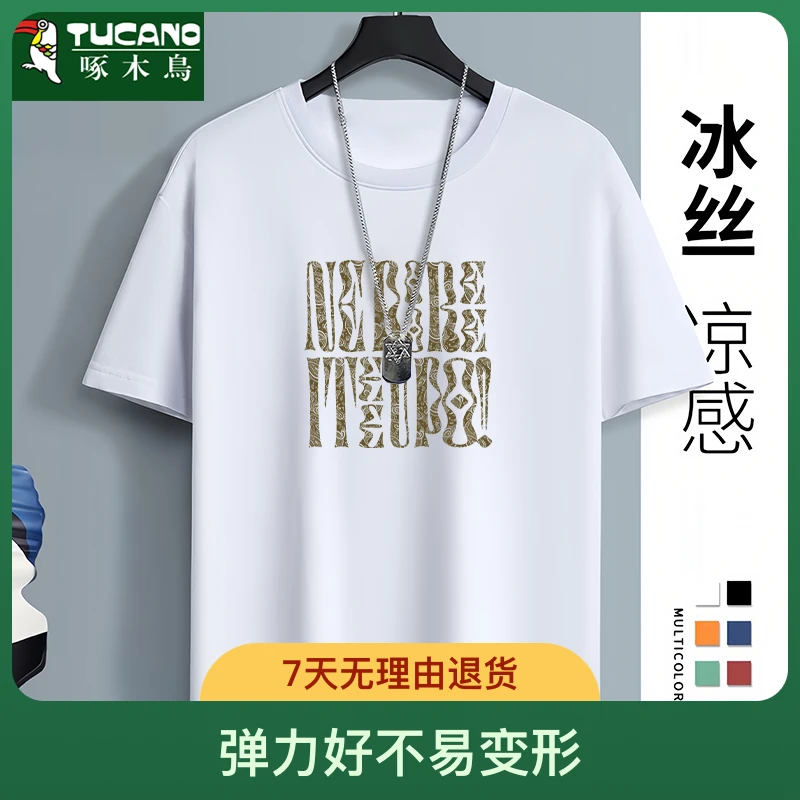 啄木鸟百搭休闲短袖t恤宽松新款大码ins简约冰丝内搭半袖高档潮流