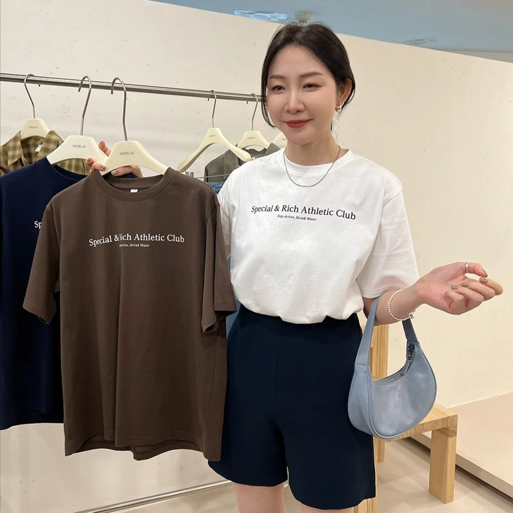 韩版新款简约字母印花宽松休闲短袖t恤女圆领夏季百搭上衣9077