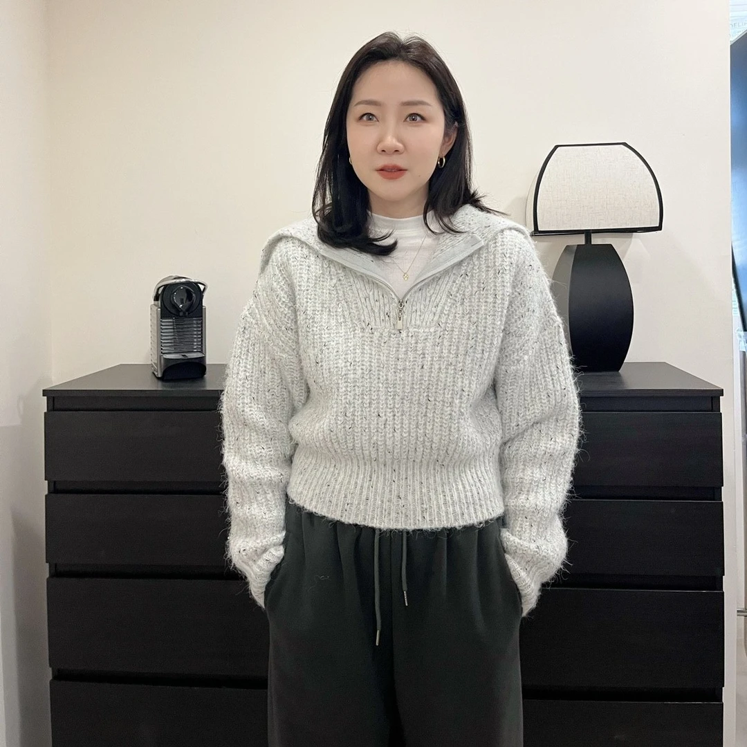 widelia韩版秋冬新款大翻领毛衣女设计感半拉链短款针织衫19122